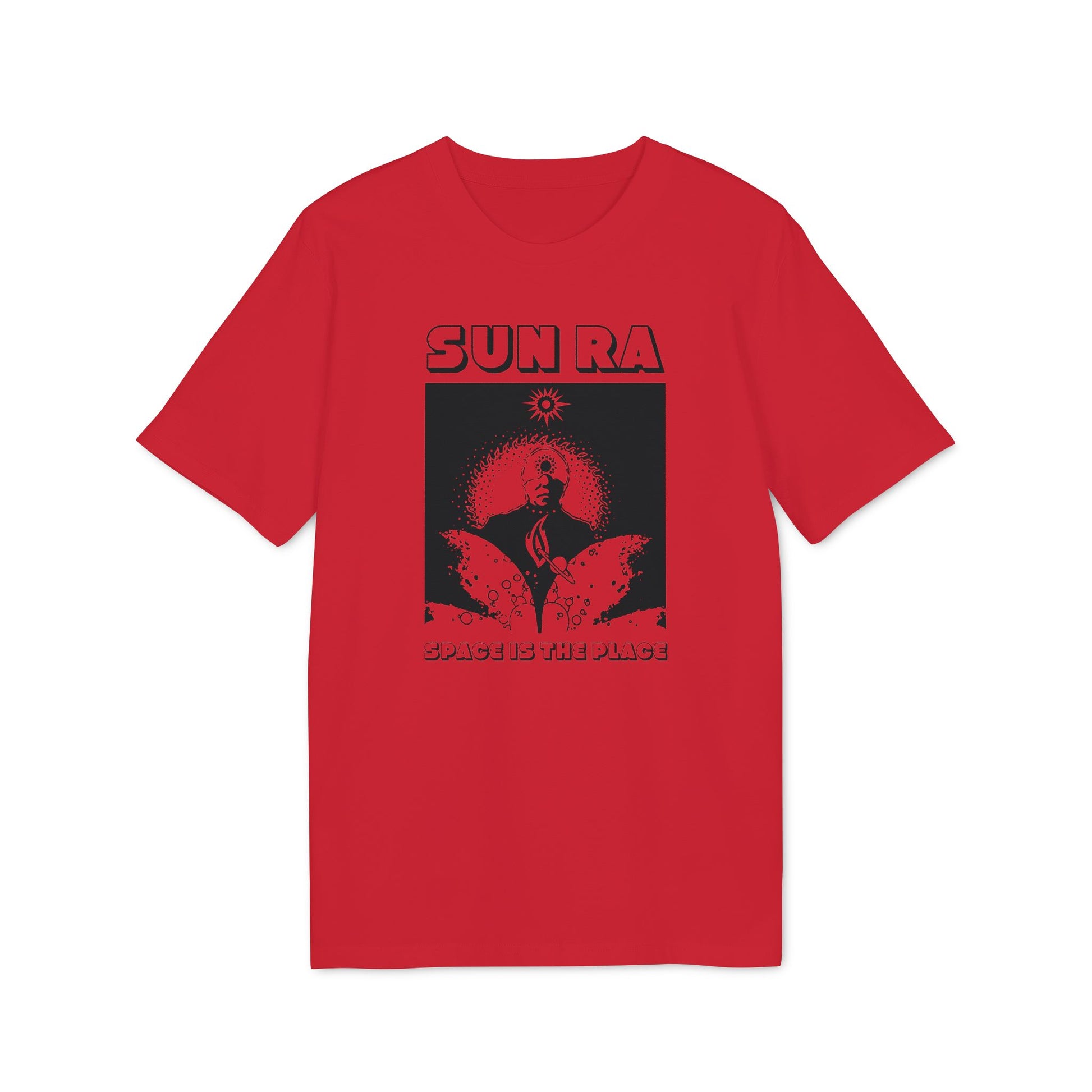 Red t-shirt with Sun Ra and "Space is the Place" graphic text.