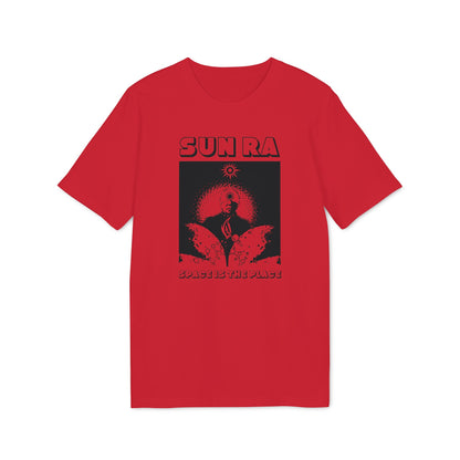 Red t-shirt with Sun Ra and "Space is the Place" graphic text.
