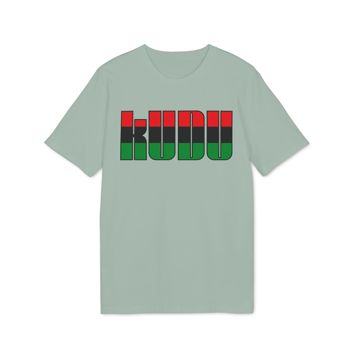Light green t-shirt with the word "KUWU" in black outlined block letters, filled with red, black, and green stripes.