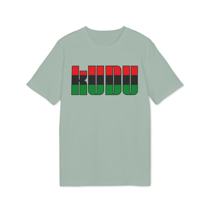 Light green t-shirt with the word "KUWU" in black outlined block letters, filled with red, black, and green stripes.