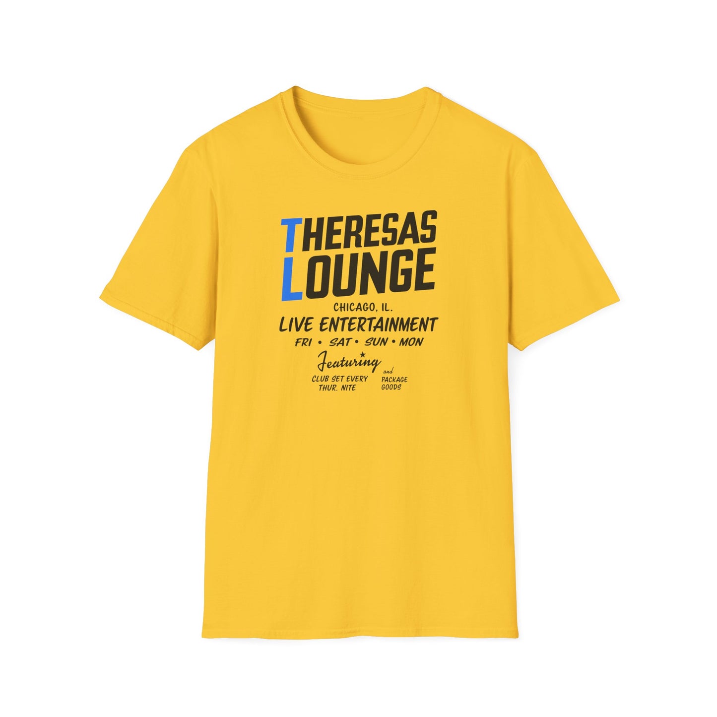 Yellow t-shirt with "Theresas Lounge Chicago Live Entertainment" text.