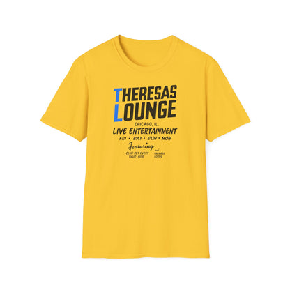 Yellow t-shirt with "Theresas Lounge Chicago Live Entertainment" text.