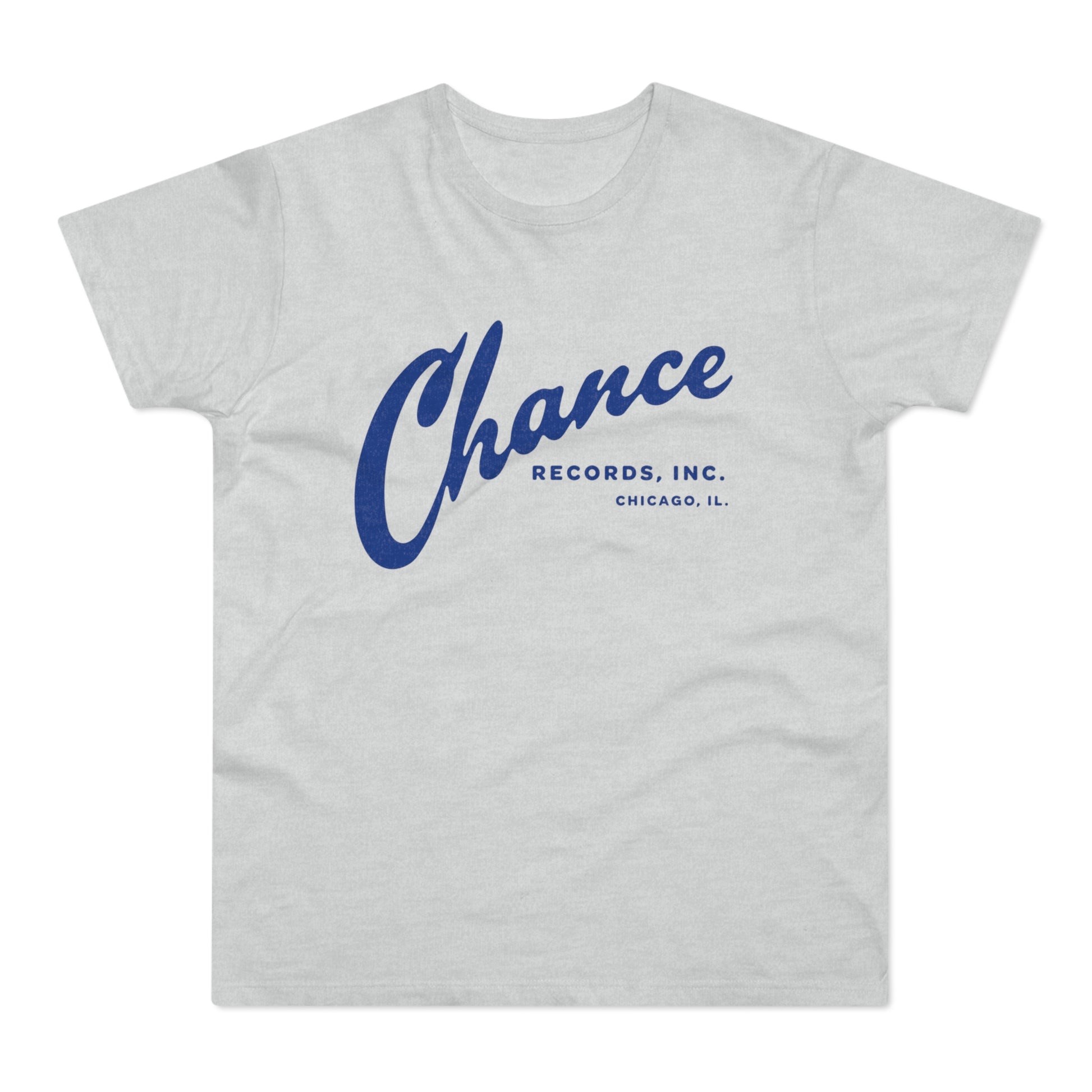 Light gray t-shirt with blue Chance Records, Inc. Chicago, IL logo.