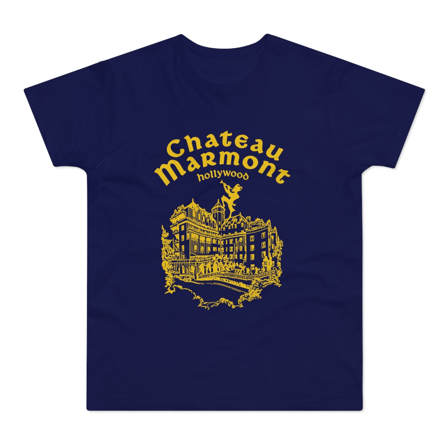 Navy t-shirt with yellow Chateau Marmont Hollywood building graphic.