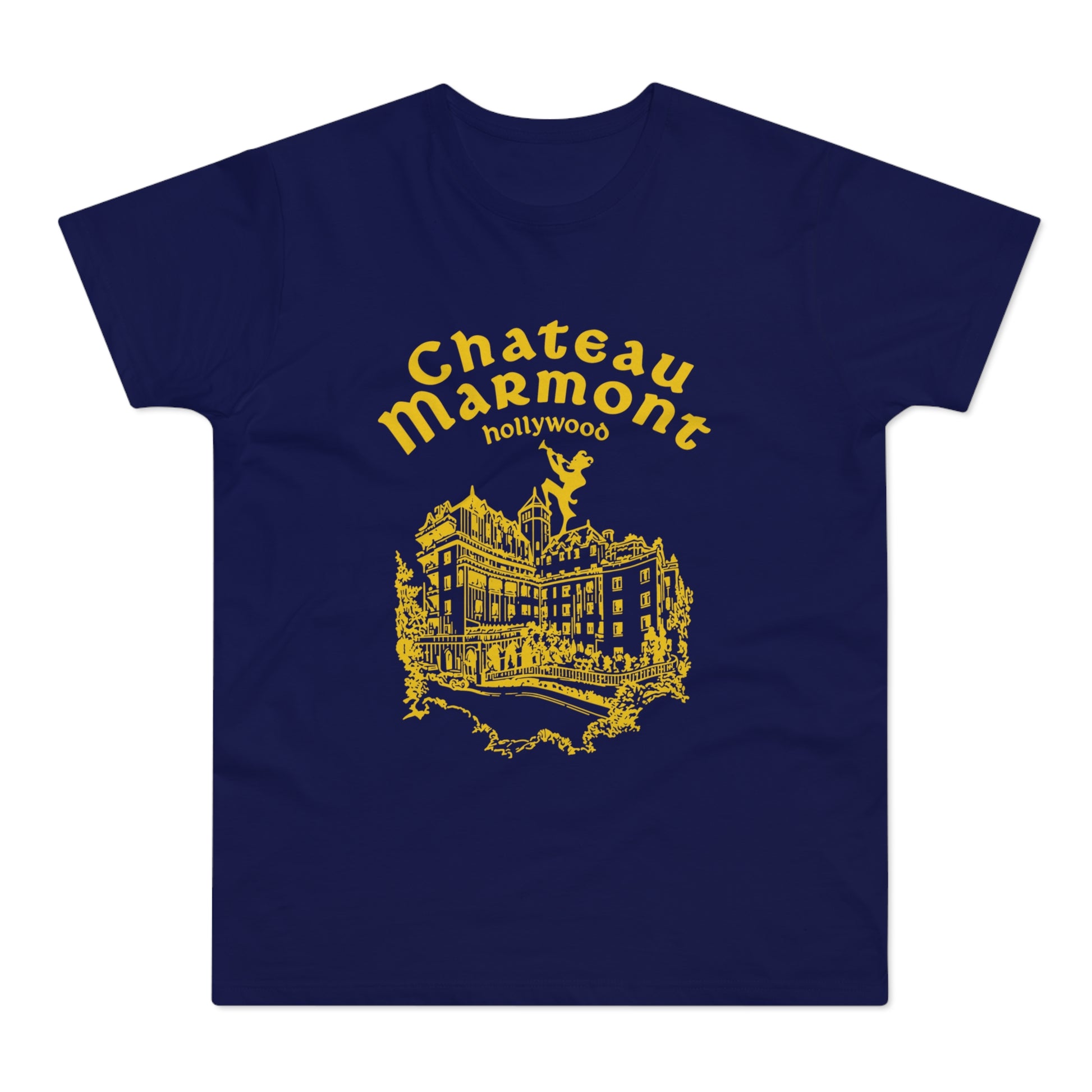 Navy t-shirt with yellow Chateau Marmont Hollywood building graphic.