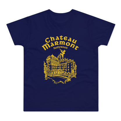 Navy t-shirt with yellow Chateau Marmont Hollywood building graphic.