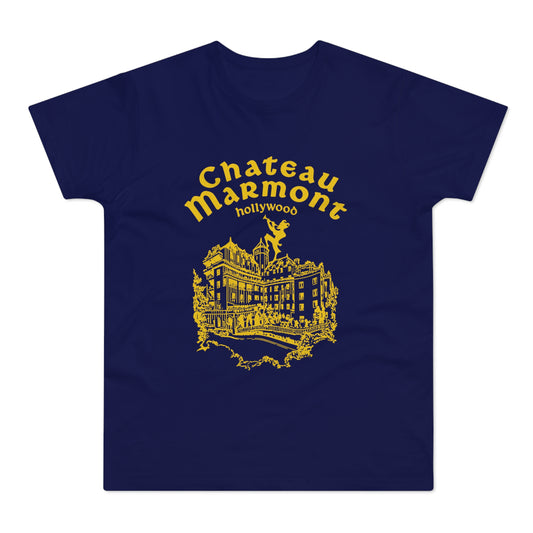 Navy t-shirt with yellow Chateau Marmont Hollywood building graphic.