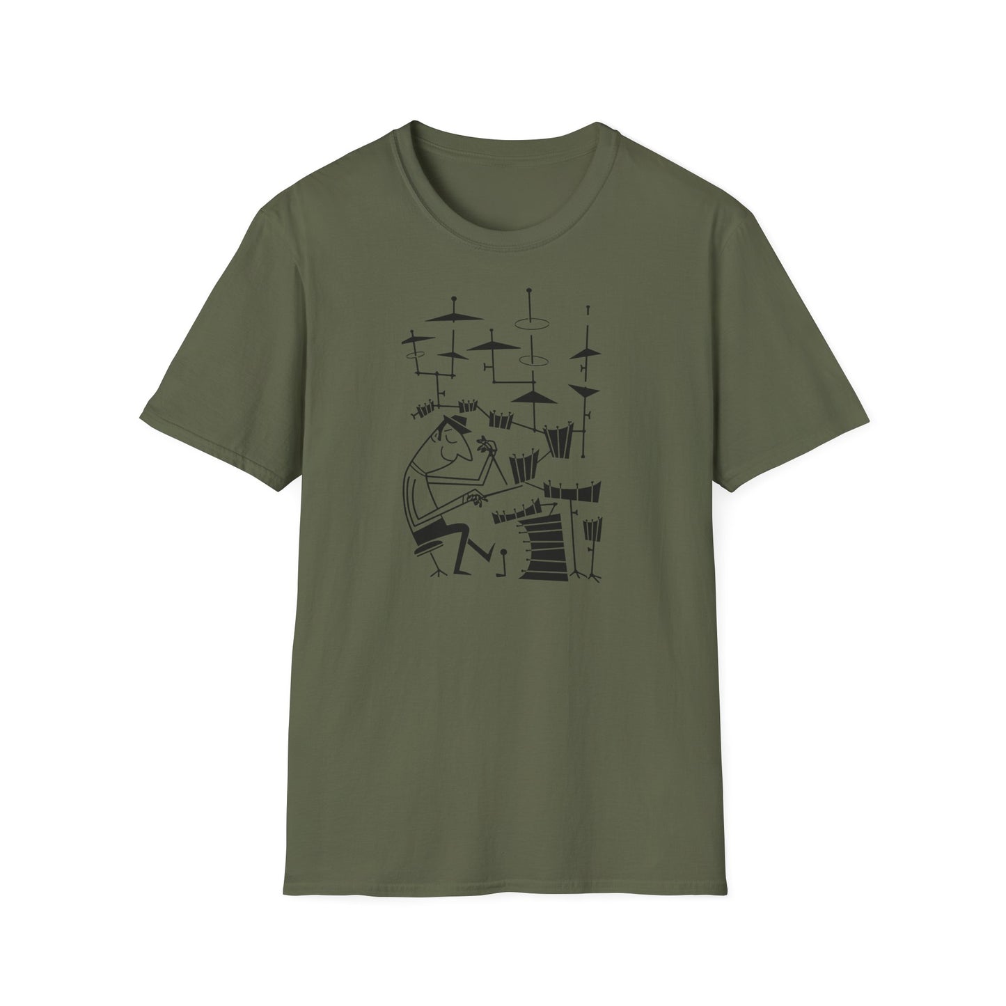 Olive t-shirt with a black line drawing of a drummer playing a drum set.