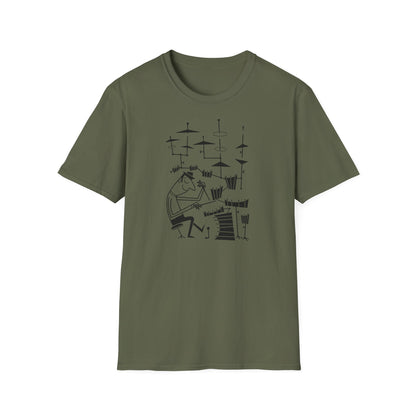 Olive t-shirt with a black line drawing of a drummer playing a drum set.