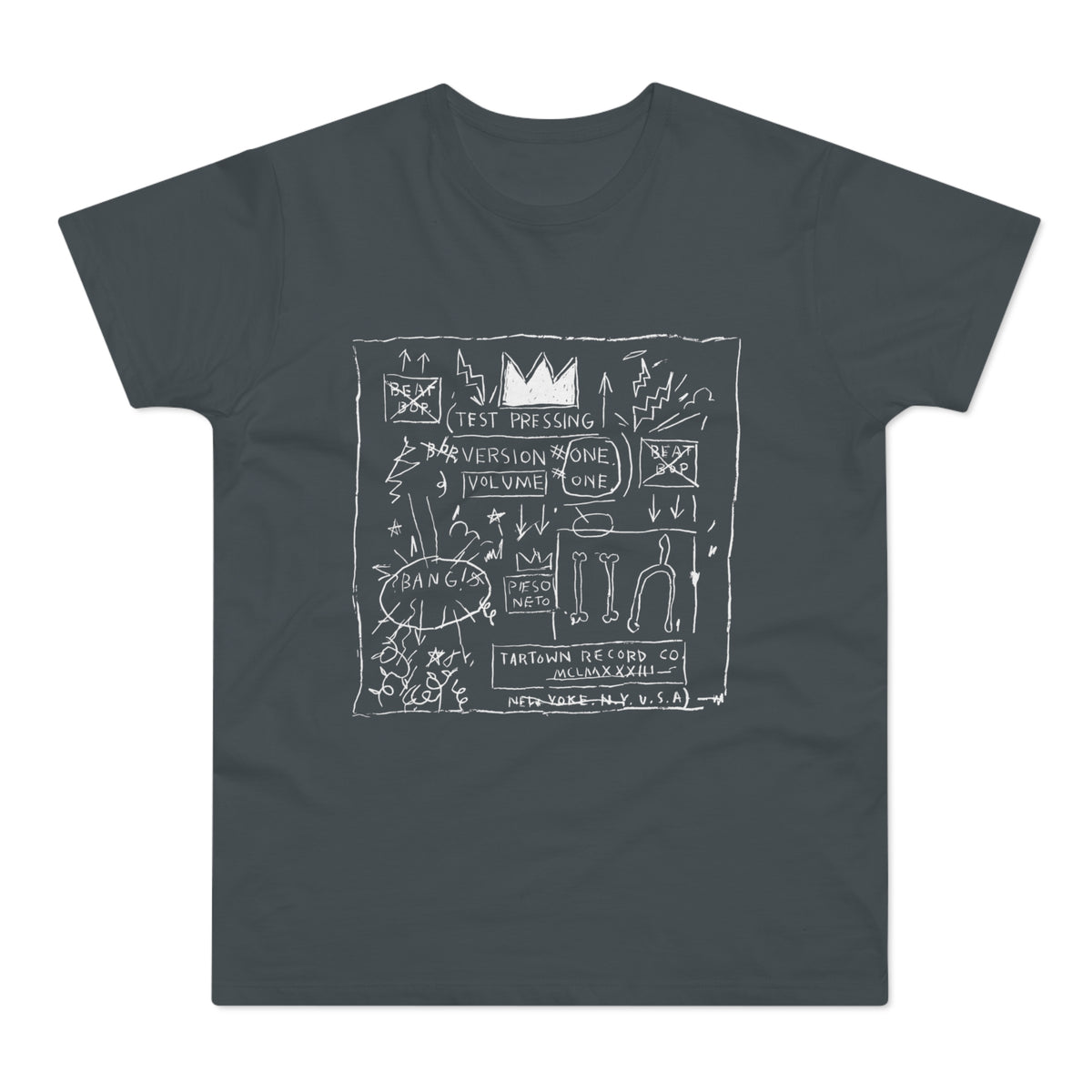 Dark grey t-shirt with white line drawing of a crown, text, and abstract elements.