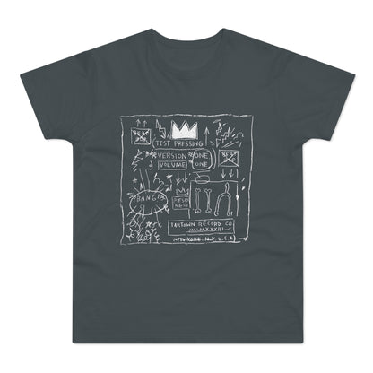 Dark grey t-shirt with white line drawing of a crown, text, and abstract elements.
