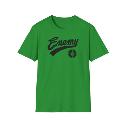 Green t-shirt with black "Enemy" text and target logo.