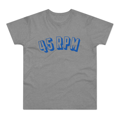 Grey t-shirt with blue 45 RPM text graphic.