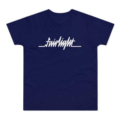 Navy blue t-shirt with white "fairlight" text and horizontal line.