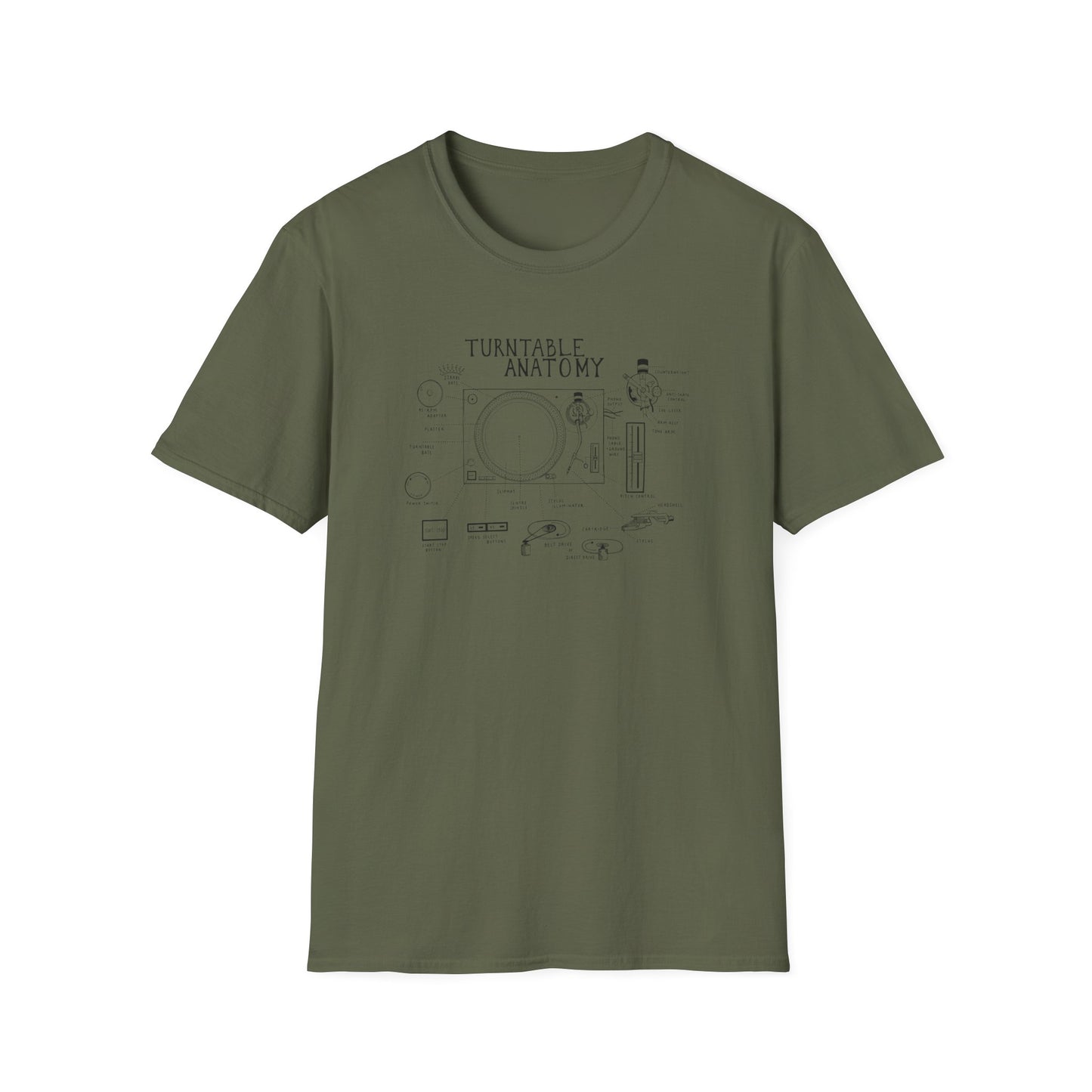 Olive green t-shirt with a black line drawing of turntable anatomy and labels.