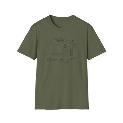 Olive green t-shirt with a black line drawing of turntable anatomy and labels.
