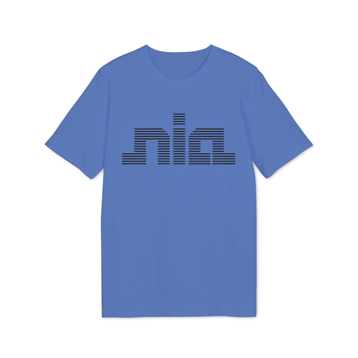 Blue t-shirt with black horizontal line text graphic on the front.