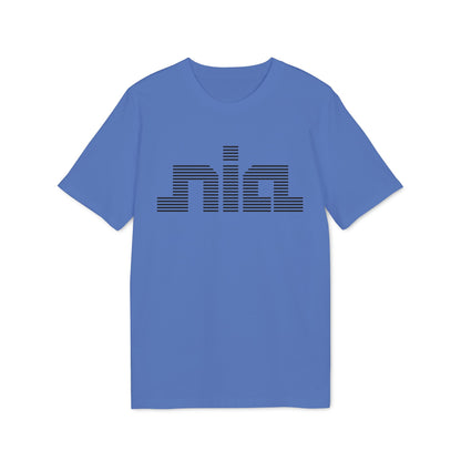 Blue t-shirt with black horizontal line text graphic on the front.