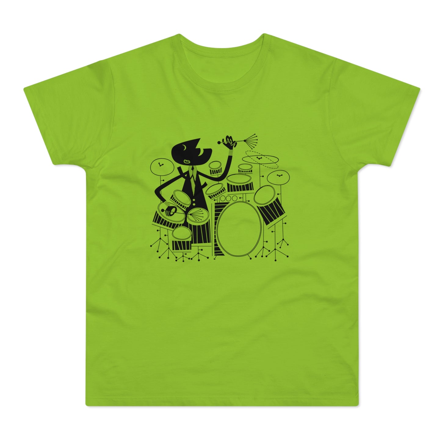 Black cartoon drummer playing a drum set on a light green t-shirt.