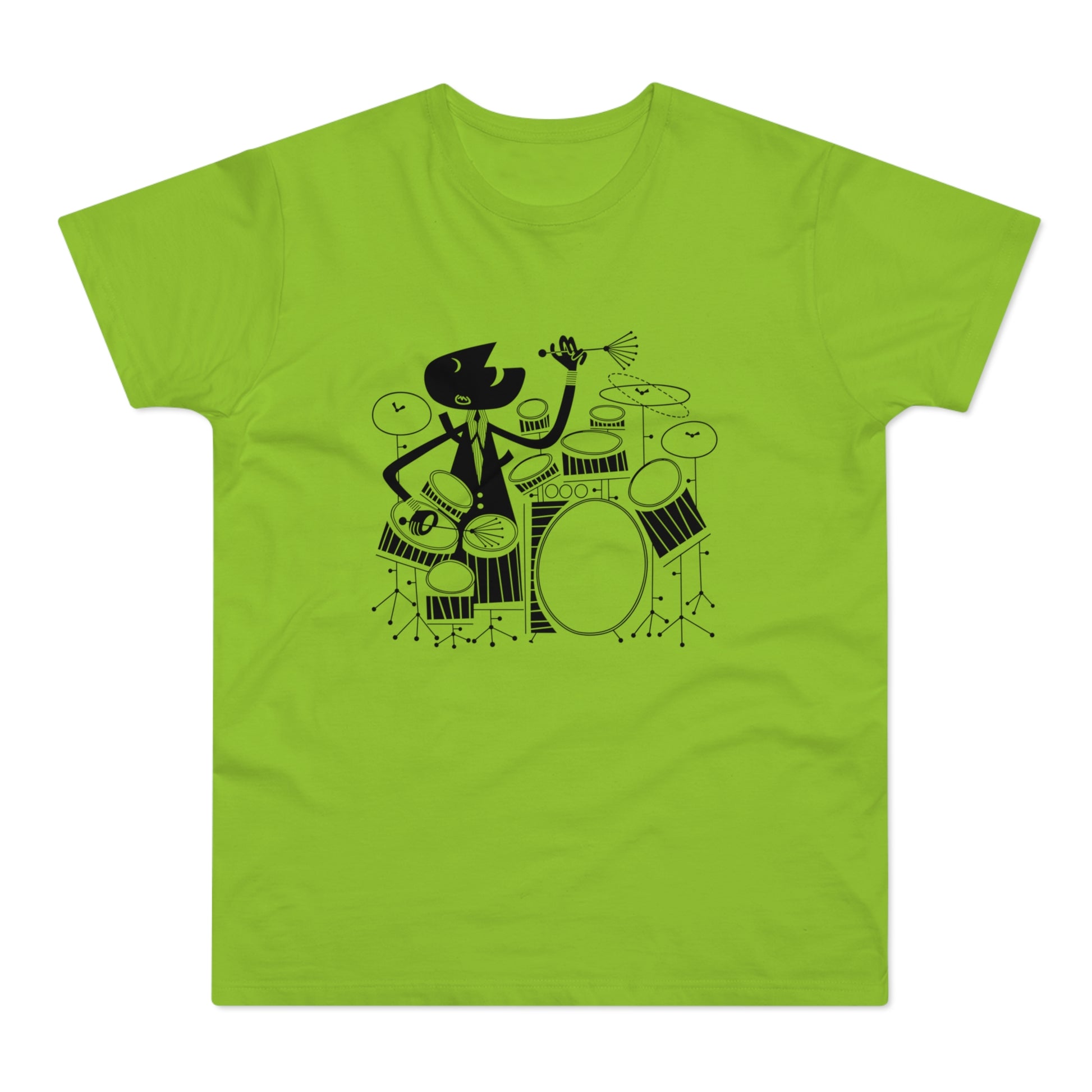 Black cartoon drummer playing a drum set on a light green t-shirt.