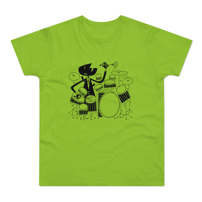 Black cartoon drummer playing a drum set on a light green t-shirt.