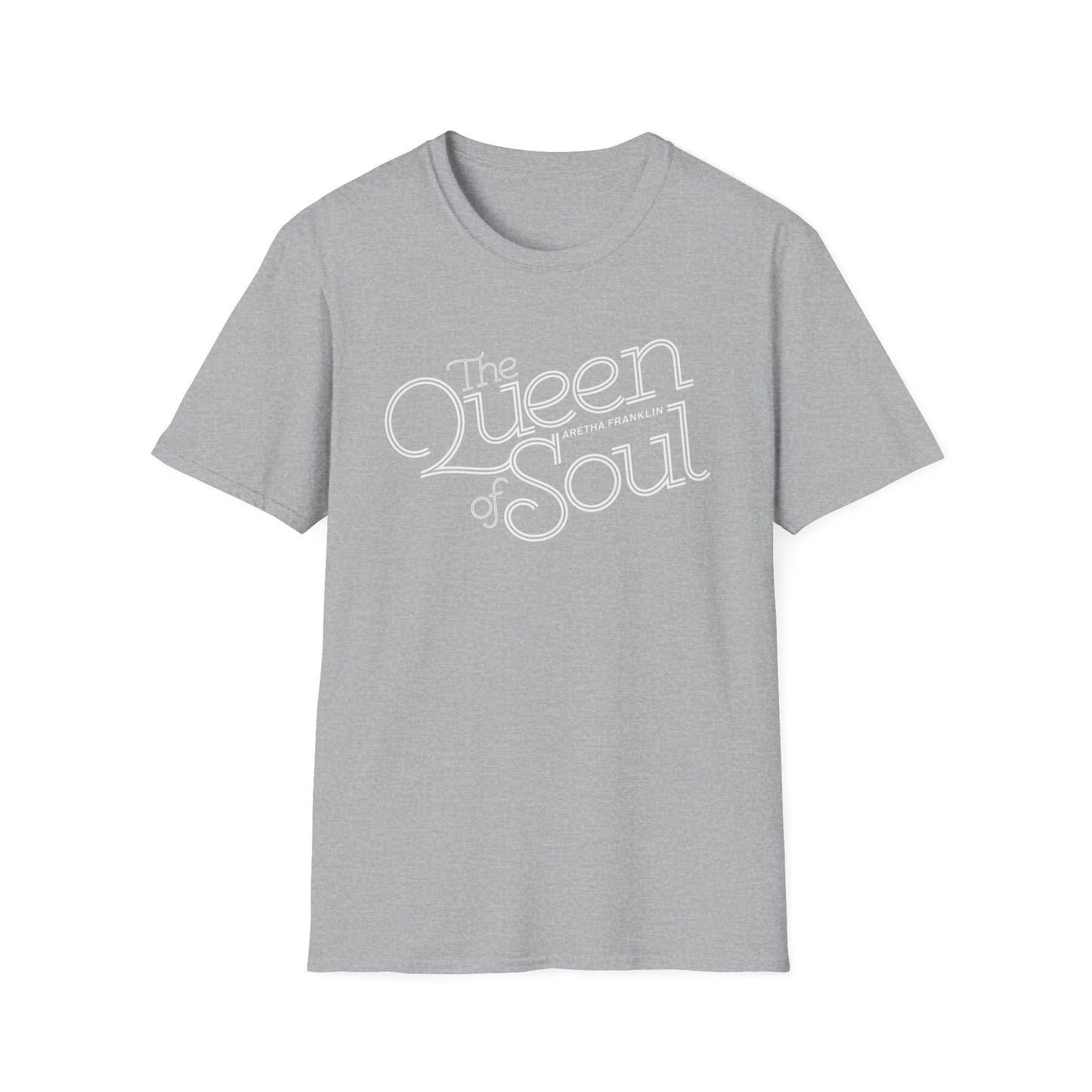 Grey t-shirt with white text "The Queen of Soul Aretha Franklin".