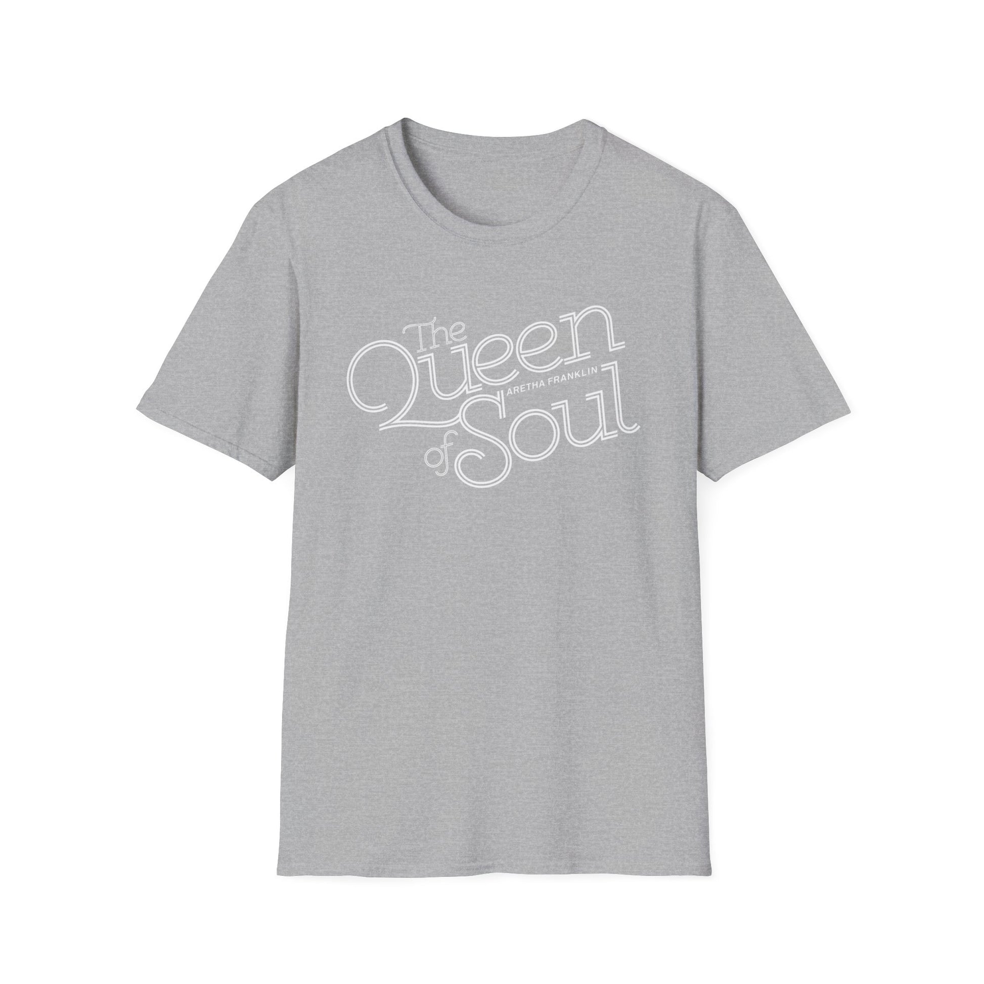Grey t-shirt with white text "The Queen of Soul Aretha Franklin".