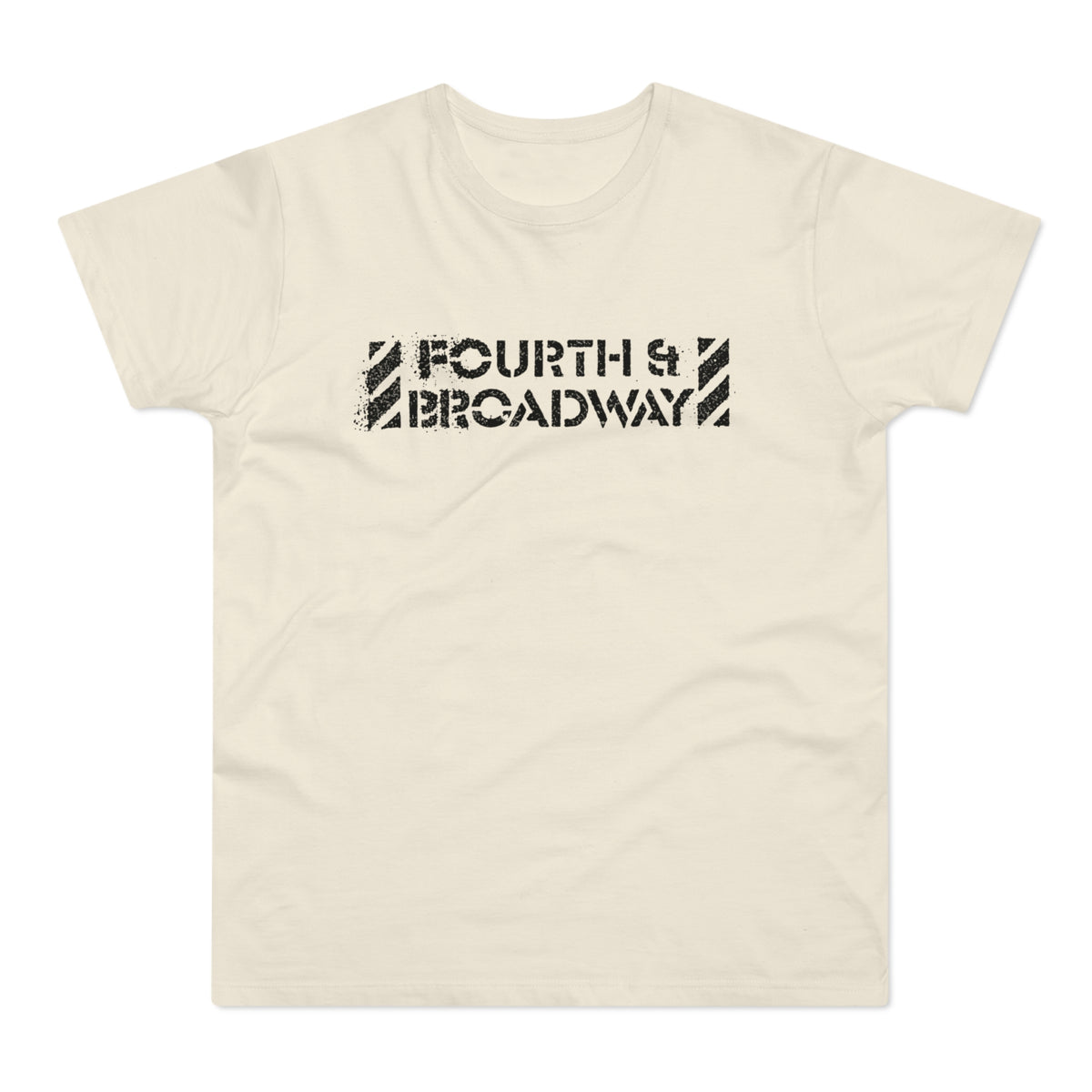 Cream t-shirt with distressed black text reading "FOURTH & BROADWAY".