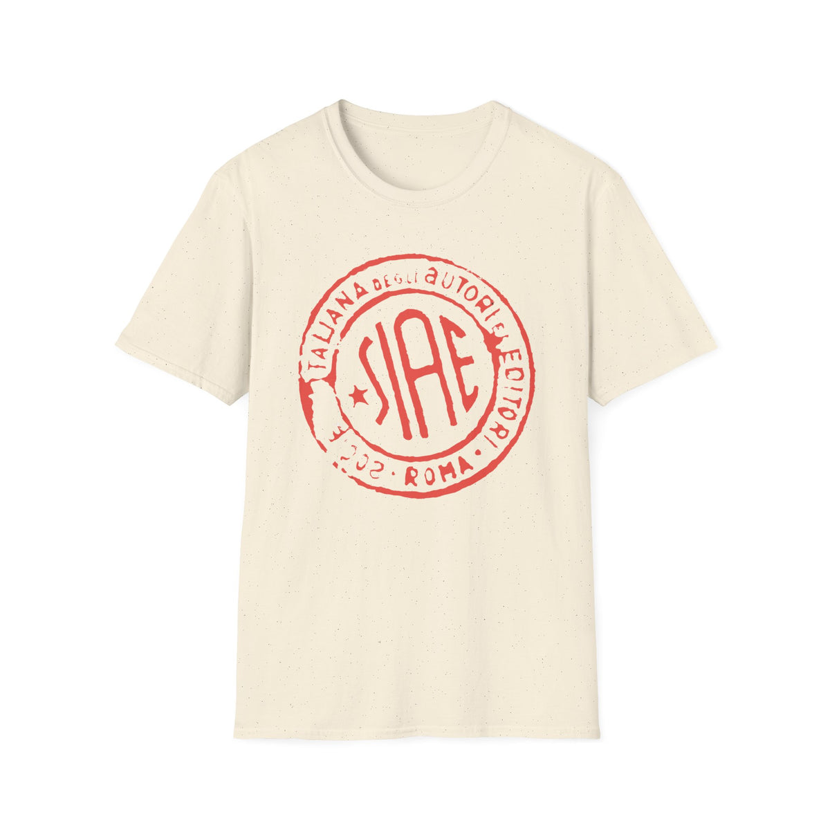 Cream t-shirt with red SIAE logo, "italiana degli autori editori", and "2002 ROMA".