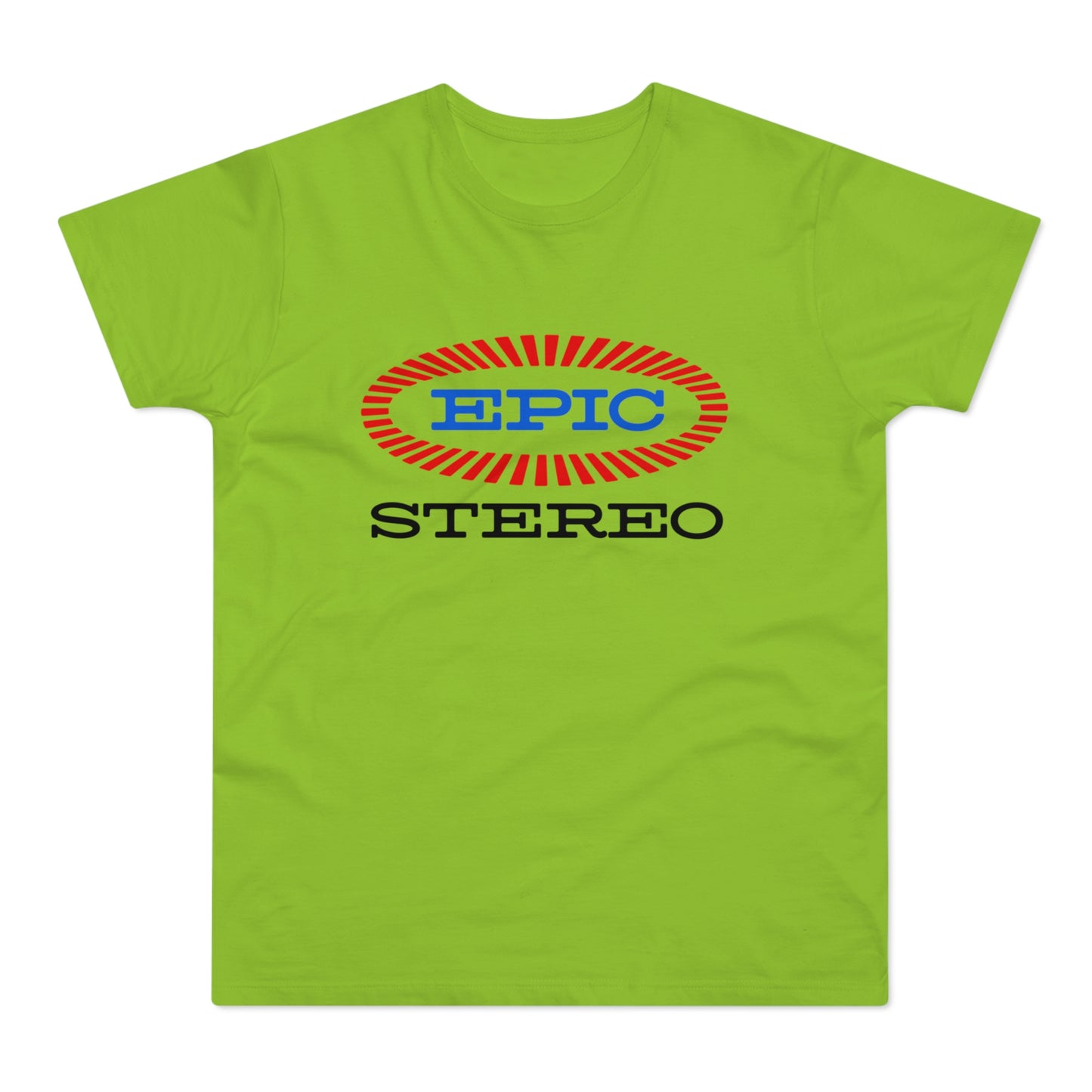 Lime green t-shirt with red and blue "EPIC STEREO" logo.
