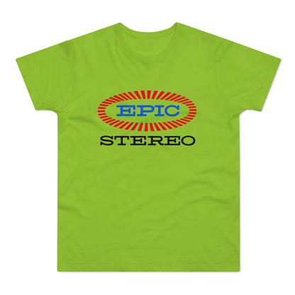 Lime green t-shirt with red and blue "EPIC STEREO" logo.