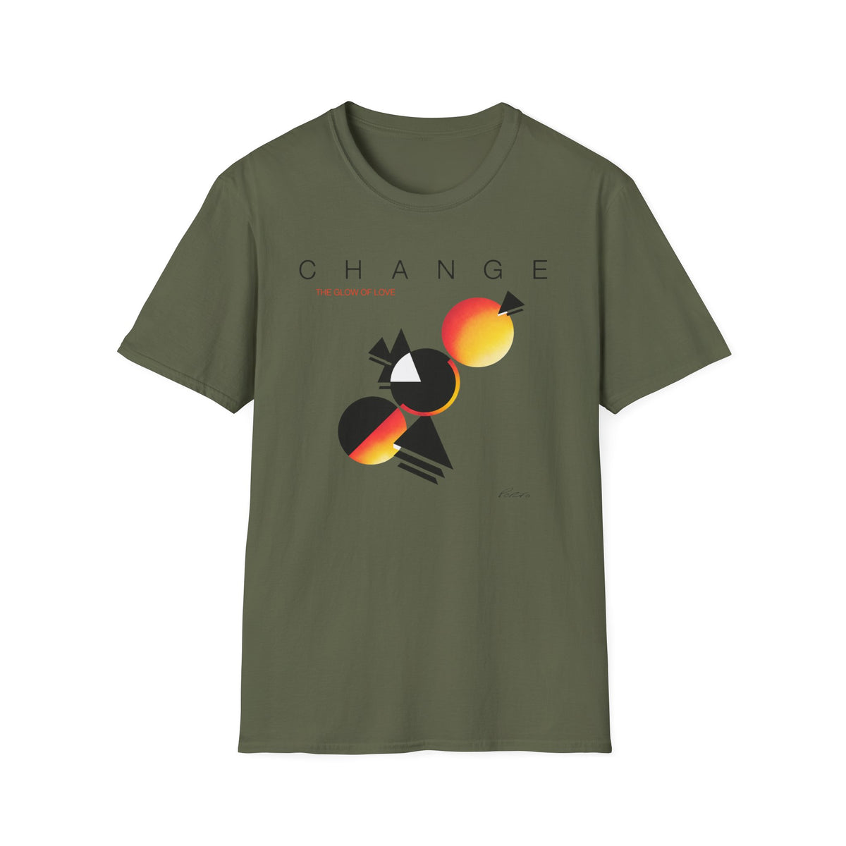 Olive t-shirt with "CHANGE" and abstract geometric design featuring circles and triangles.