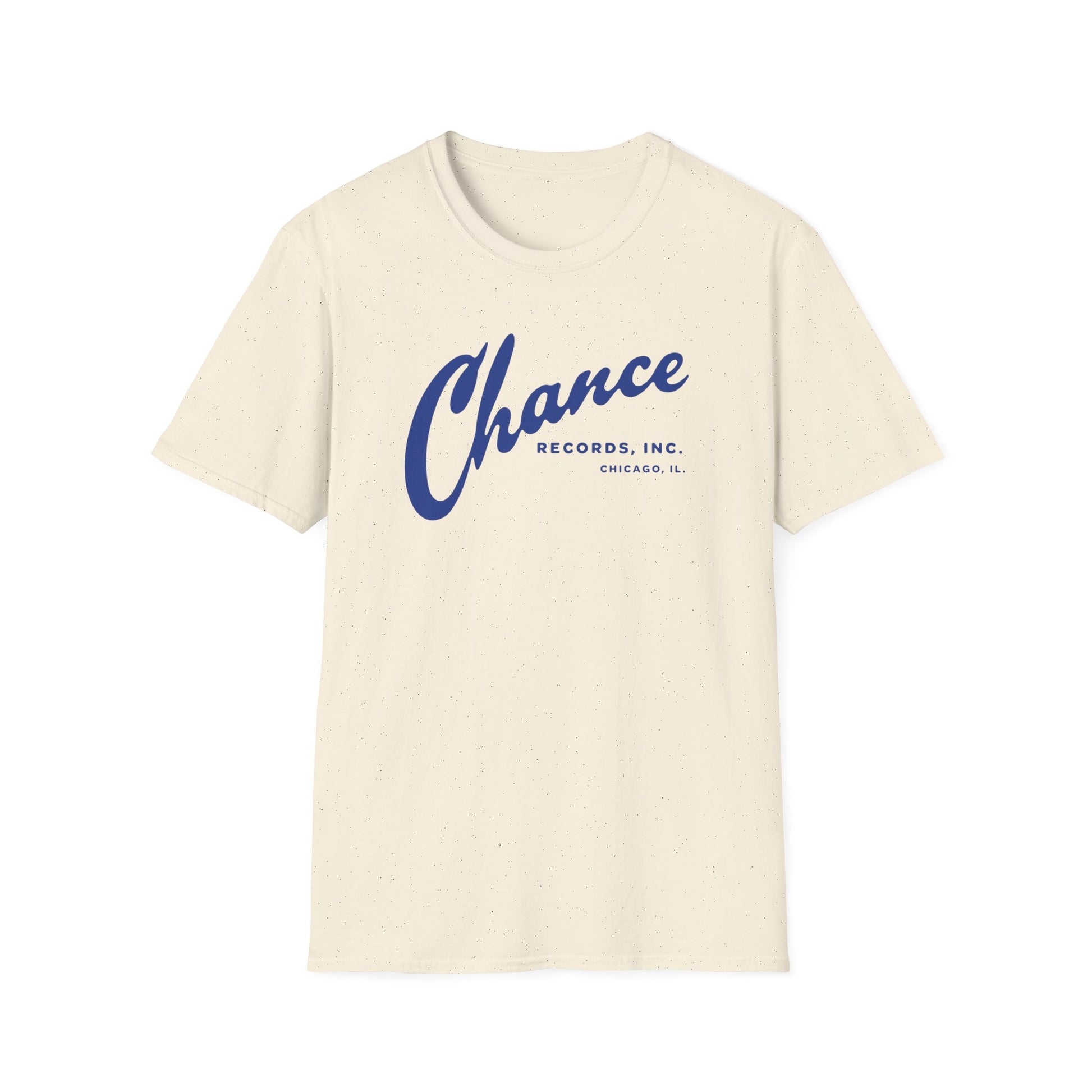 Cream t-shirt with blue Chance Records, Inc. Chicago, IL text.