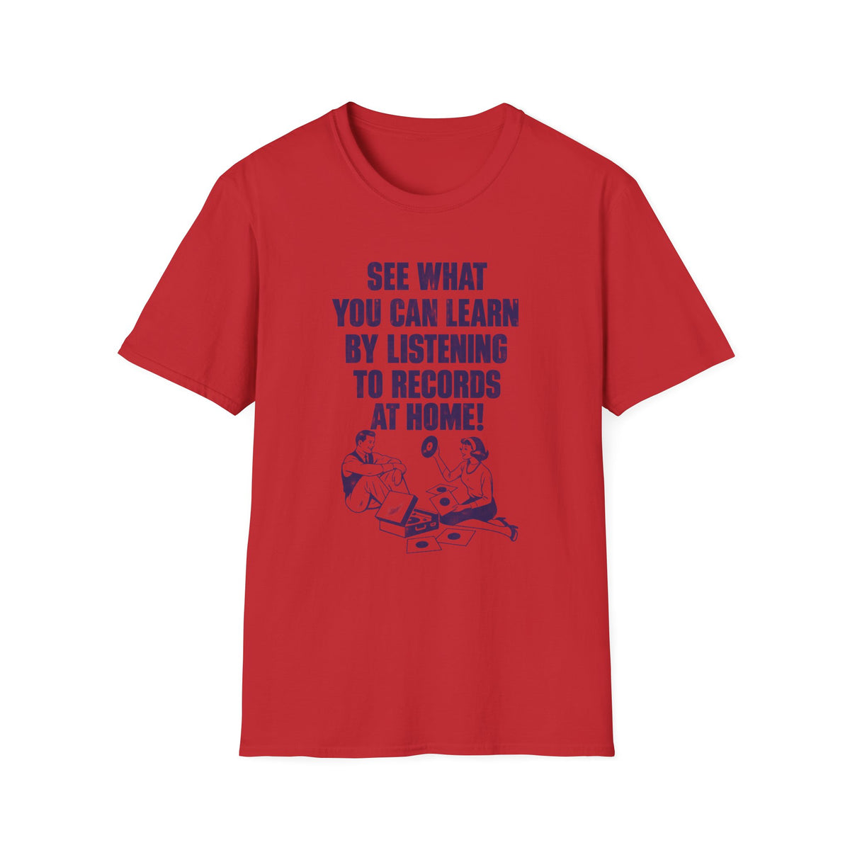 Red t-shirt with blue text and illustration of a couple listening to records.