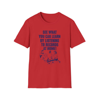 Red t-shirt with blue text and illustration of a couple listening to records.