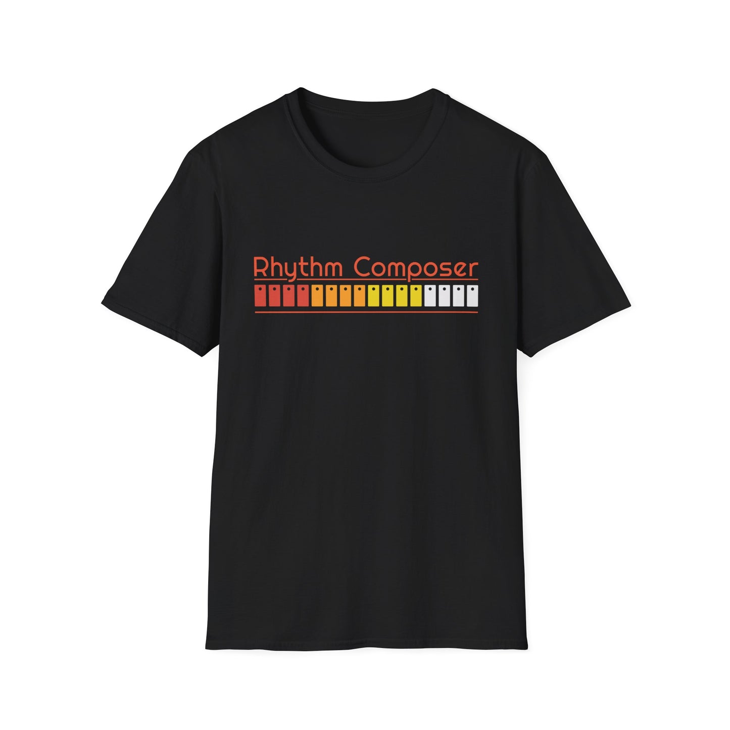 Black t-shirt with "Rhythm Composer" text and sequenced colored rectangles.