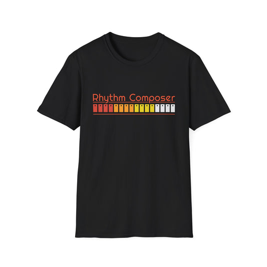 Black t-shirt with "Rhythm Composer" text and sequenced colored rectangles.
