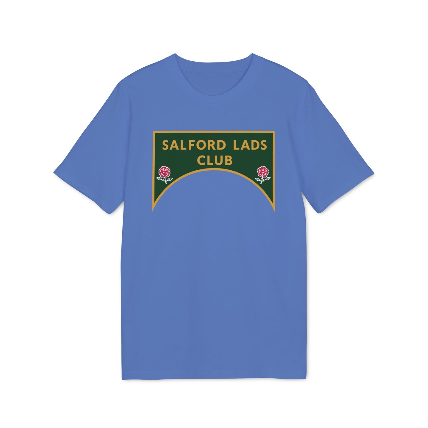 Blue t-shirt with "SALFORD LADS CLUB" text and rose emblems.