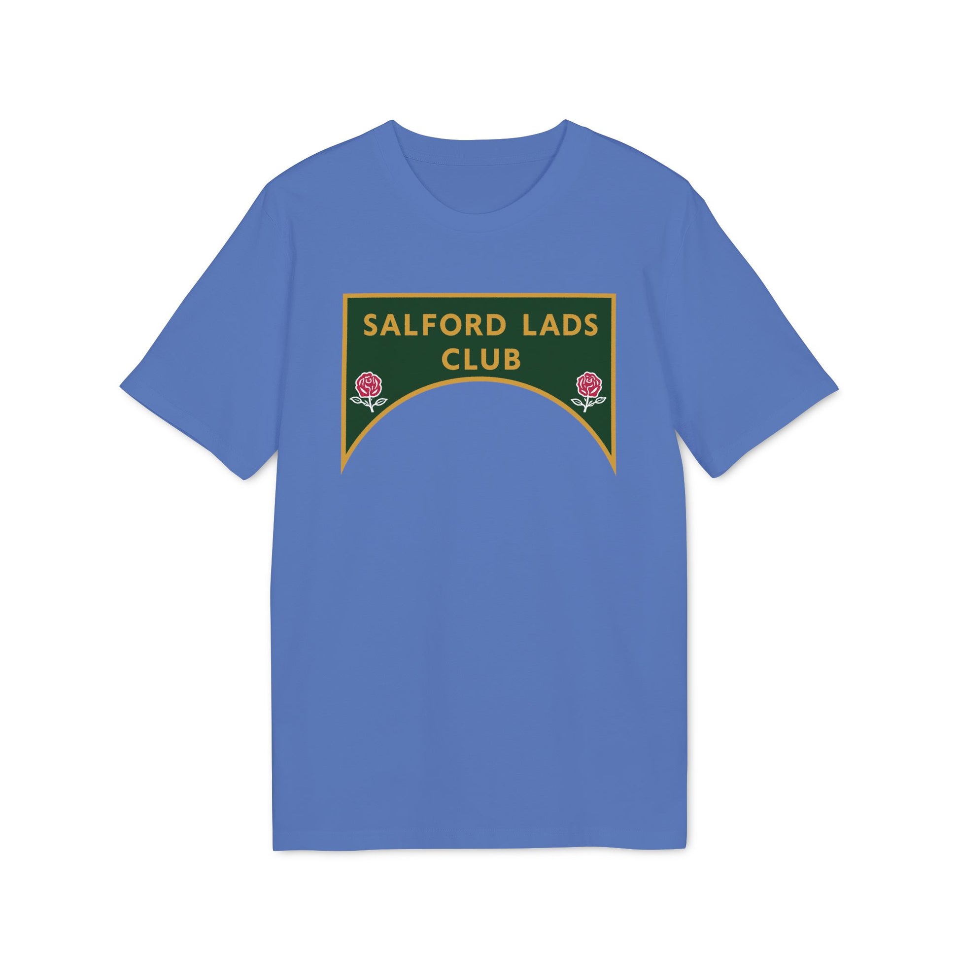 Blue t-shirt with "SALFORD LADS CLUB" text and rose emblems.