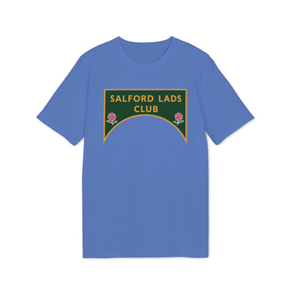 Blue t-shirt with "SALFORD LADS CLUB" text and rose emblems.