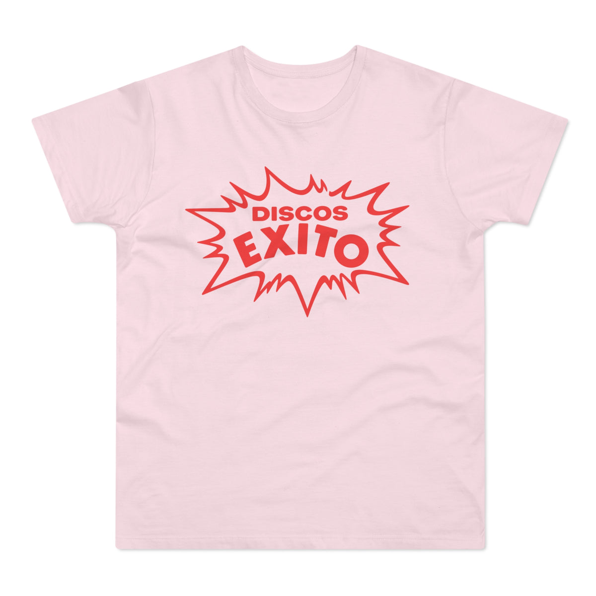 Pink t-shirt with red "DISCOS EXITO" text in a starburst design.