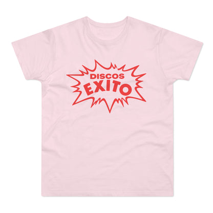 Pink t-shirt with red "DISCOS EXITO" text in a starburst design.