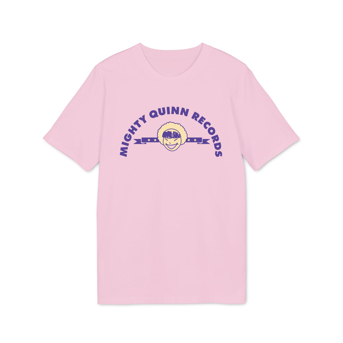 Pink t-shirt with purple "Mighty Quinn Records" text and a cartoon face.