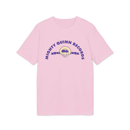 Pink t-shirt with purple "Mighty Quinn Records" text and a cartoon face.