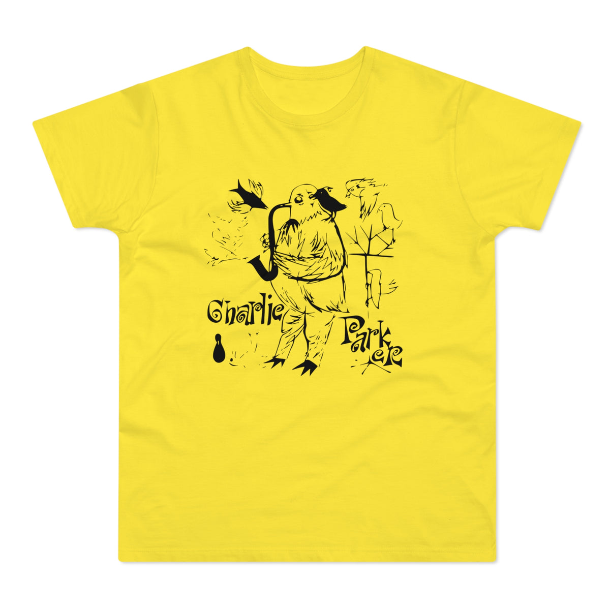 Black ink drawing of a bird playing a saxophone on a yellow t-shirt with "Charlie Parker" text.