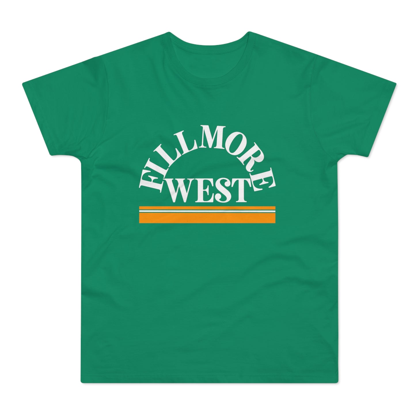 Green t-shirt with white text "FILLMORE WEST" above orange and white stripes.
