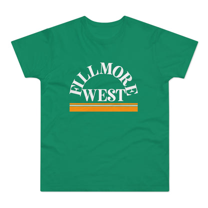 Green t-shirt with white text "FILLMORE WEST" above orange and white stripes.
