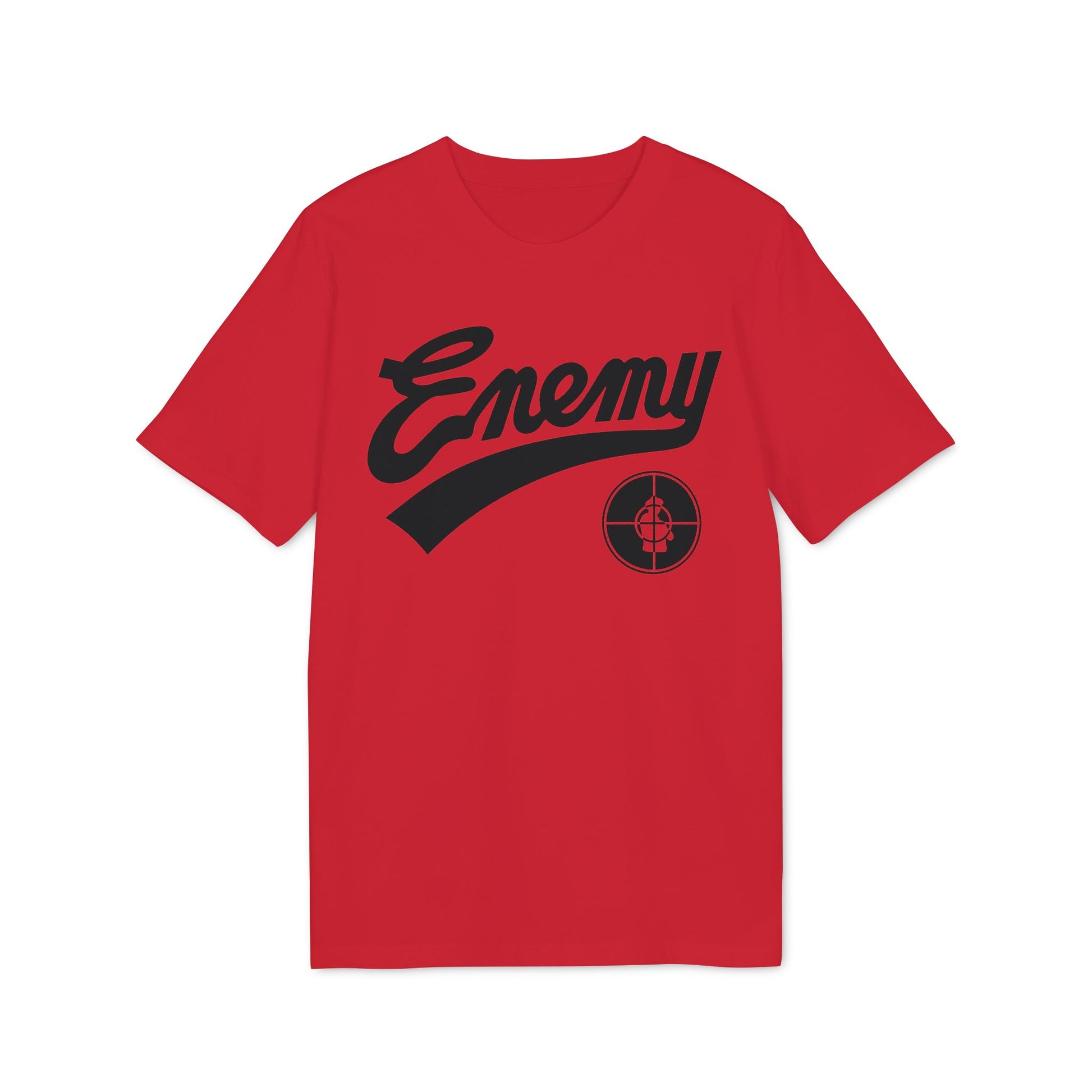 Red t-shirt with black script "Enemy" and target logo.