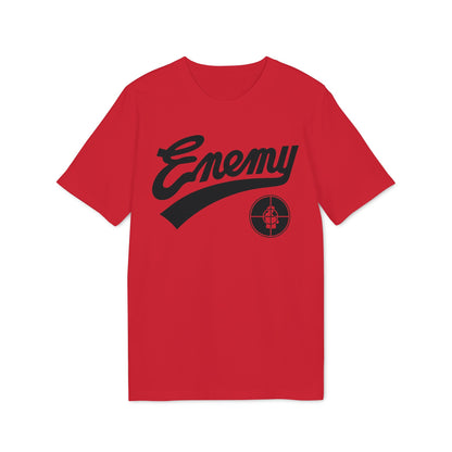 Red t-shirt with black script "Enemy" and target logo.
