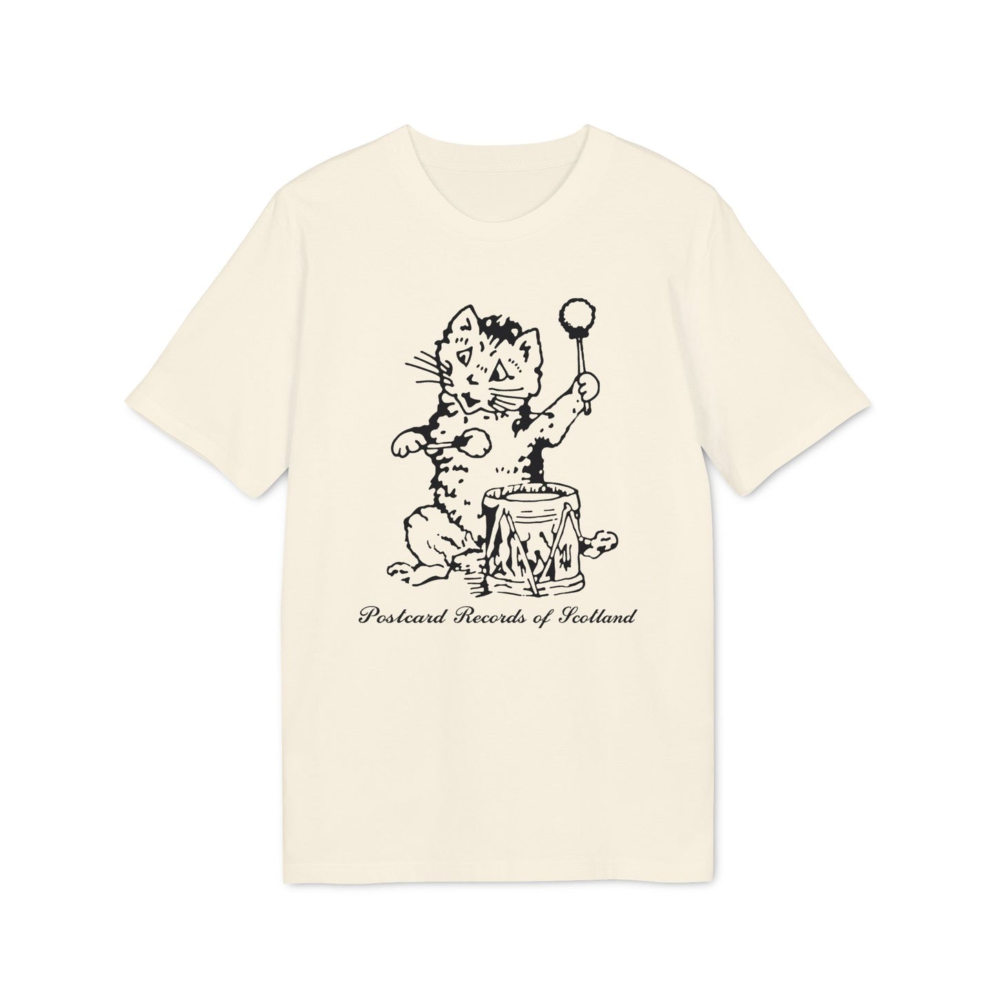 Cream t-shirt with black drawing of a cat playing a drum and text "Postcard Records of Scotland".